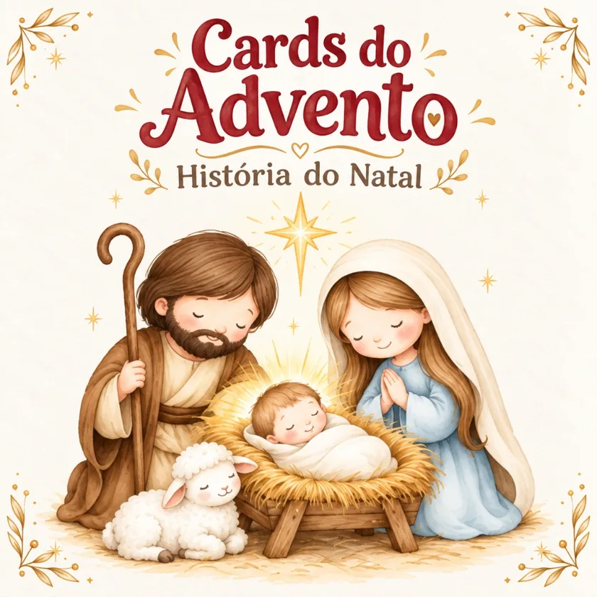 Cards do Advento — História do Natal com Maria, José e o Menino Jesus na manjedoura