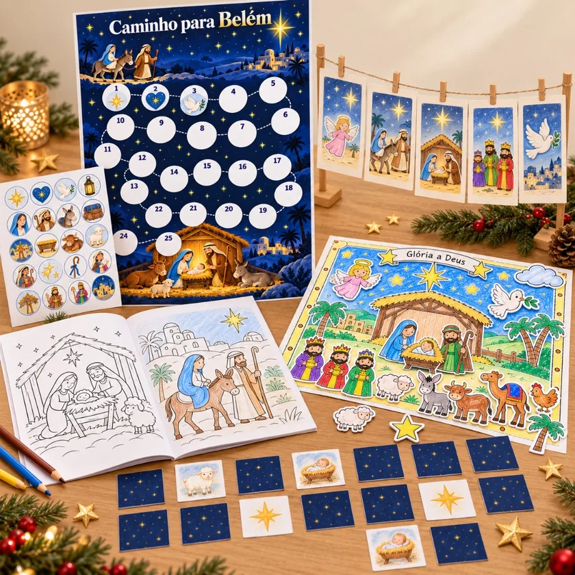 Materiais do Kit A Jornada de Jesus sobre a mesa: Caminho para Belém, Varal de Cartões, Livro de Colorir, Presépio e Jogo da Memória