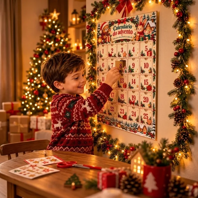 Menino abrindo a portinha do Calendário do Advento na parede