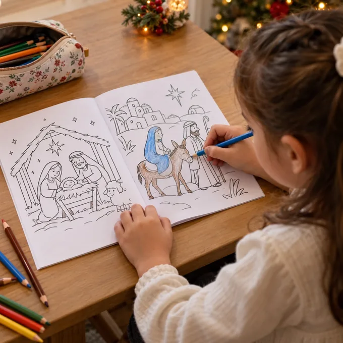 Menina colorindo o Livro de Colorir O Nascimento de Jesus