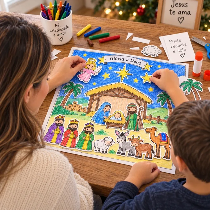 Mãe e filho recortando e colando o Presépio colorido do Advento