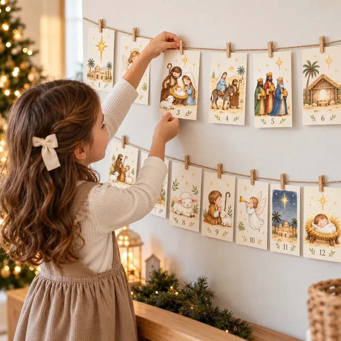 Menina pendurando os Cards do Advento com a história do Natal no varal
