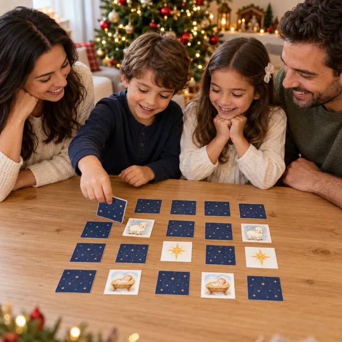 Família brincando com o Jogo da Memória do Natal